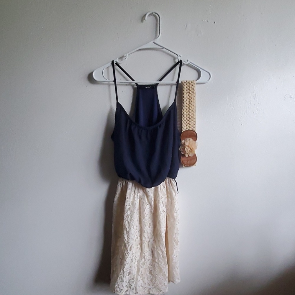 Navy blue, lace summer dress with flower belt